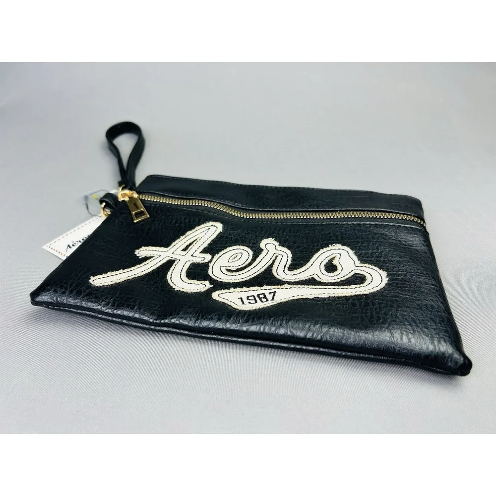 Aeropostale Black Faux Leather Zipper Pouch Cosmetic Clutch‎ Aero Bag NWT